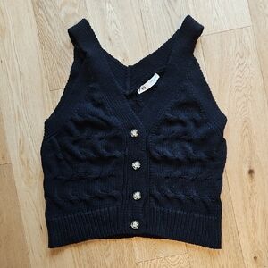 Zara Black Cable Knit Button-Up Sweater Vest